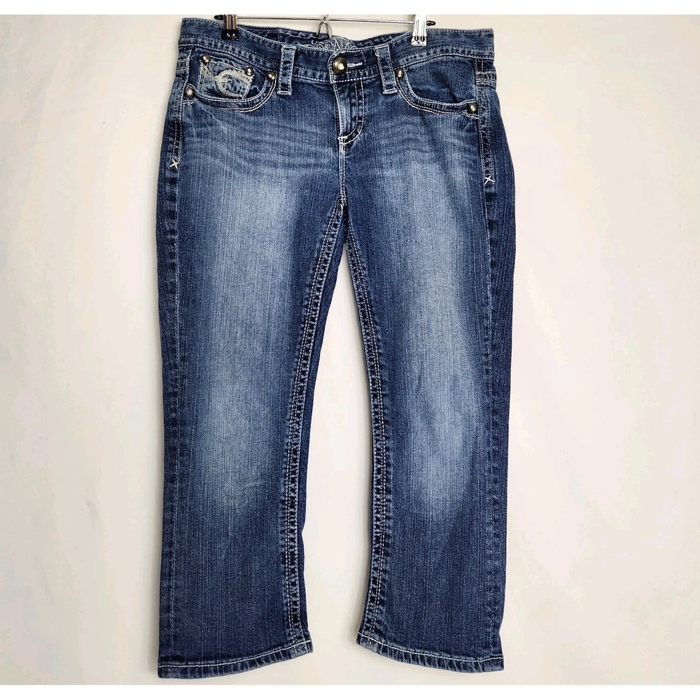 Maurices Womens Capri Jeans 9/10 Blue Embellished Flap Pocket Stretch Y2K Glam